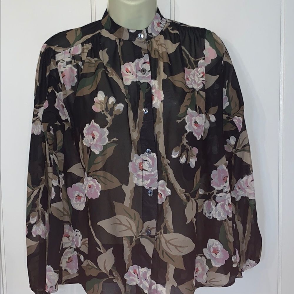 Vtg 70s/80s Rhoda Lee black sheer floral blouse